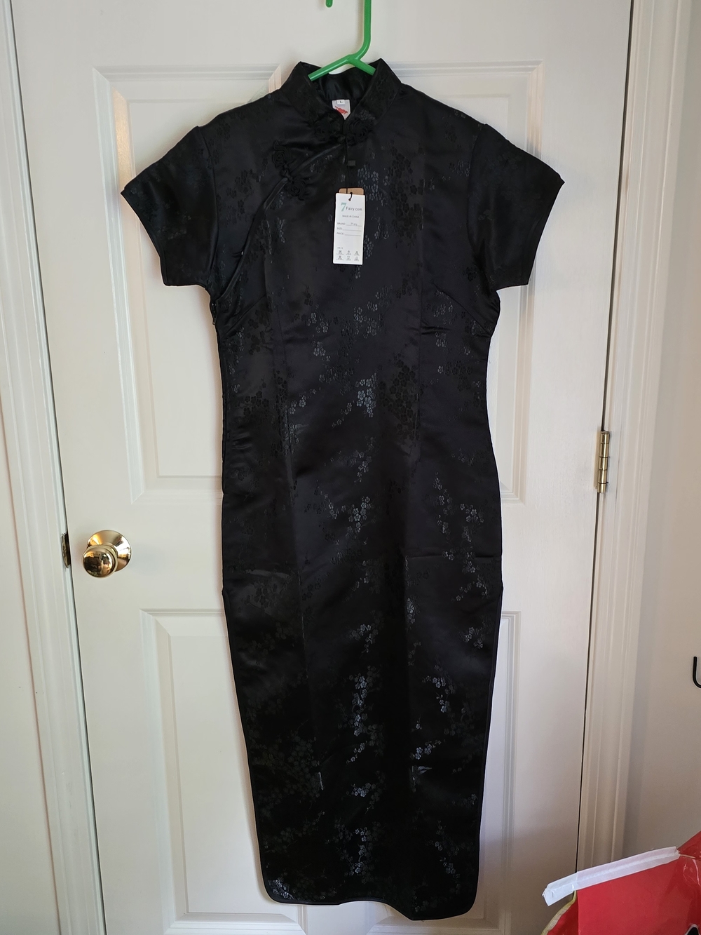 Classic Black Satin Cheongsam Midi Dress